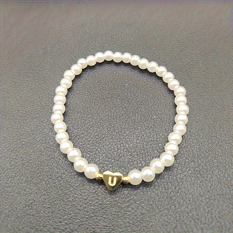 Bracelet Élégant avec Initiale de Cœur A-Z et Perles Faux - Acier Inoxydable,