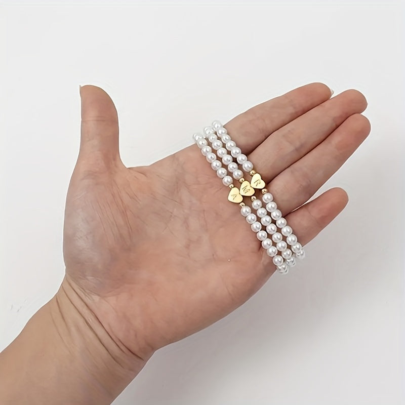 Bracelet Élégant avec Initiale de Cœur A-Z et Perles Faux - Acier Inoxydable,