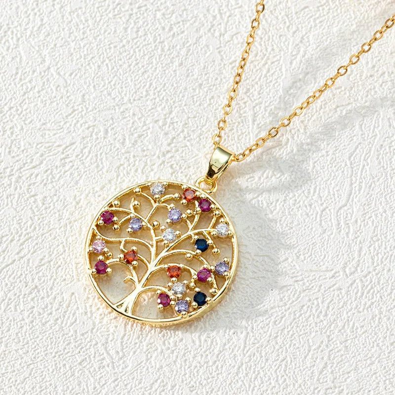 Collier familial arbre de vie personnalisé en acier inoxydable pendentif arbre de vie en cristal multicolore d'été pour femme cadeau de Noël