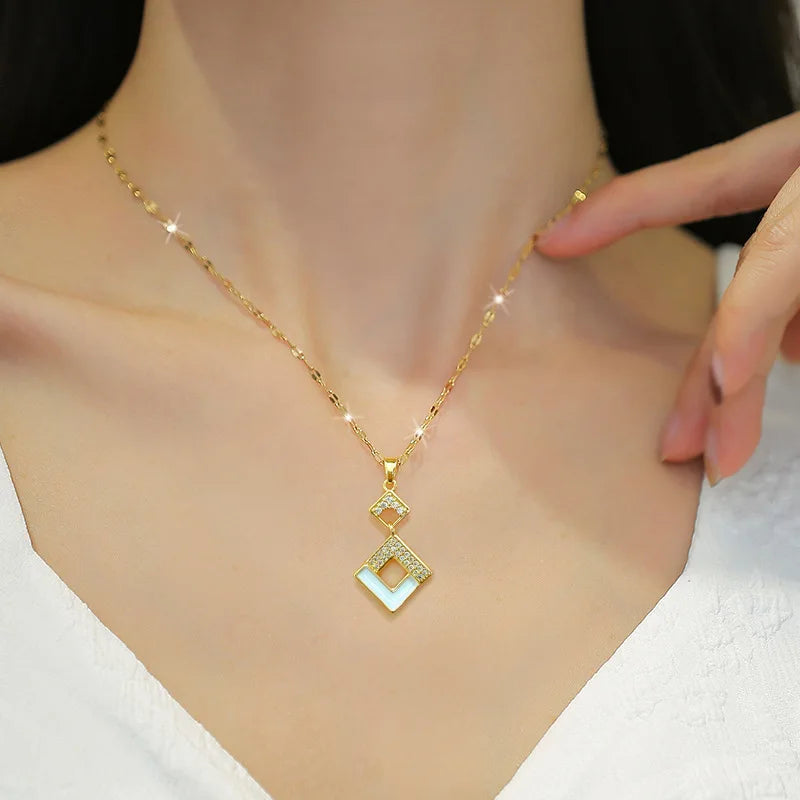 Ensemble de bijoux en acier inoxydable avec pendentif carré en cristal autrichien émaillé pour femmes